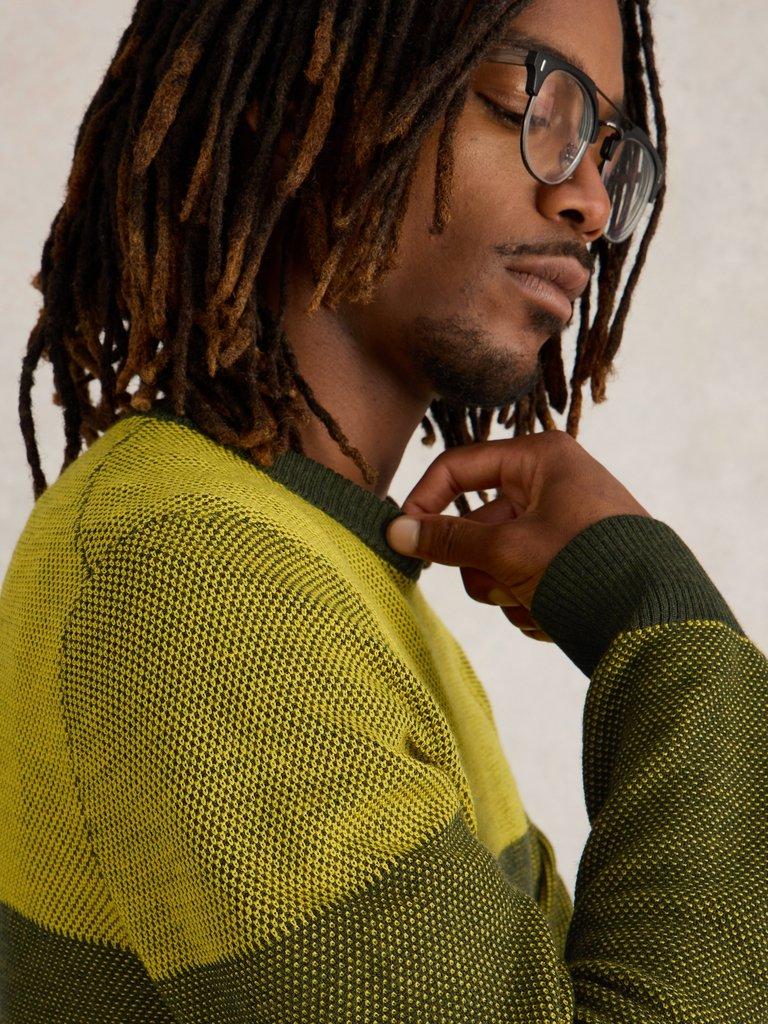 Newport Wool Merino Jacquard Crew in YELLOW MLT - MODEL DETAIL