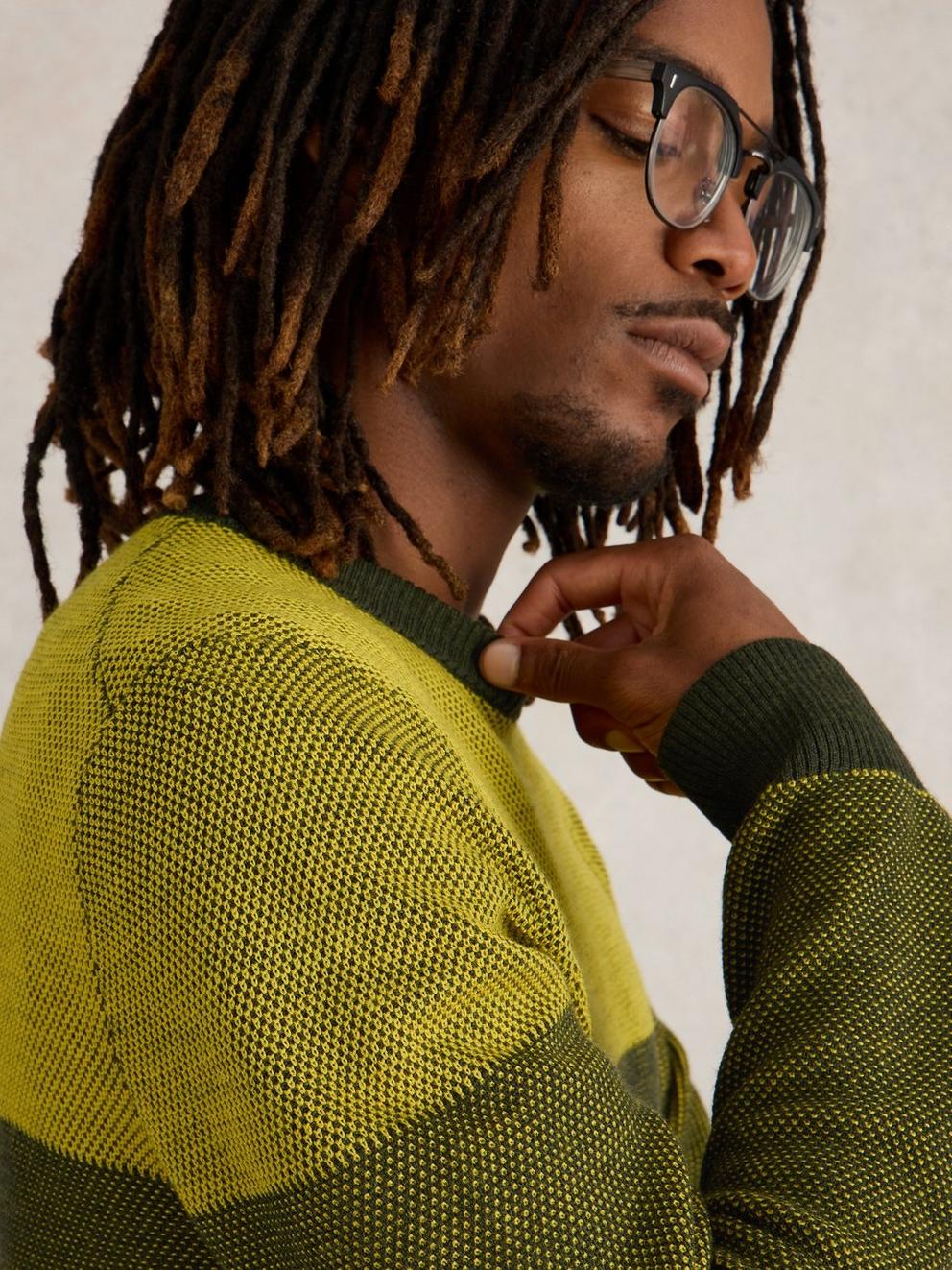 Newport Wool Merino Jacquard Crew in YELLOW MLT - MODEL DETAIL