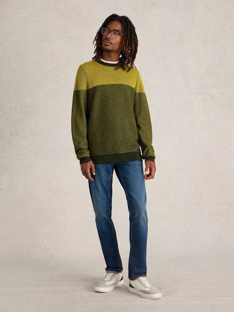 Newport Wool Merino Jacquard Crew in YELLOW MLT - MODEL FRONT