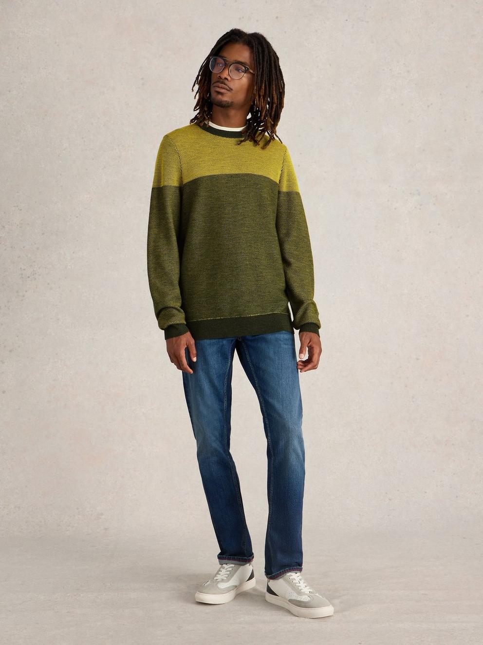 Newport Merino Jacquard Crew in YELLOW MLT - MODEL FRONT