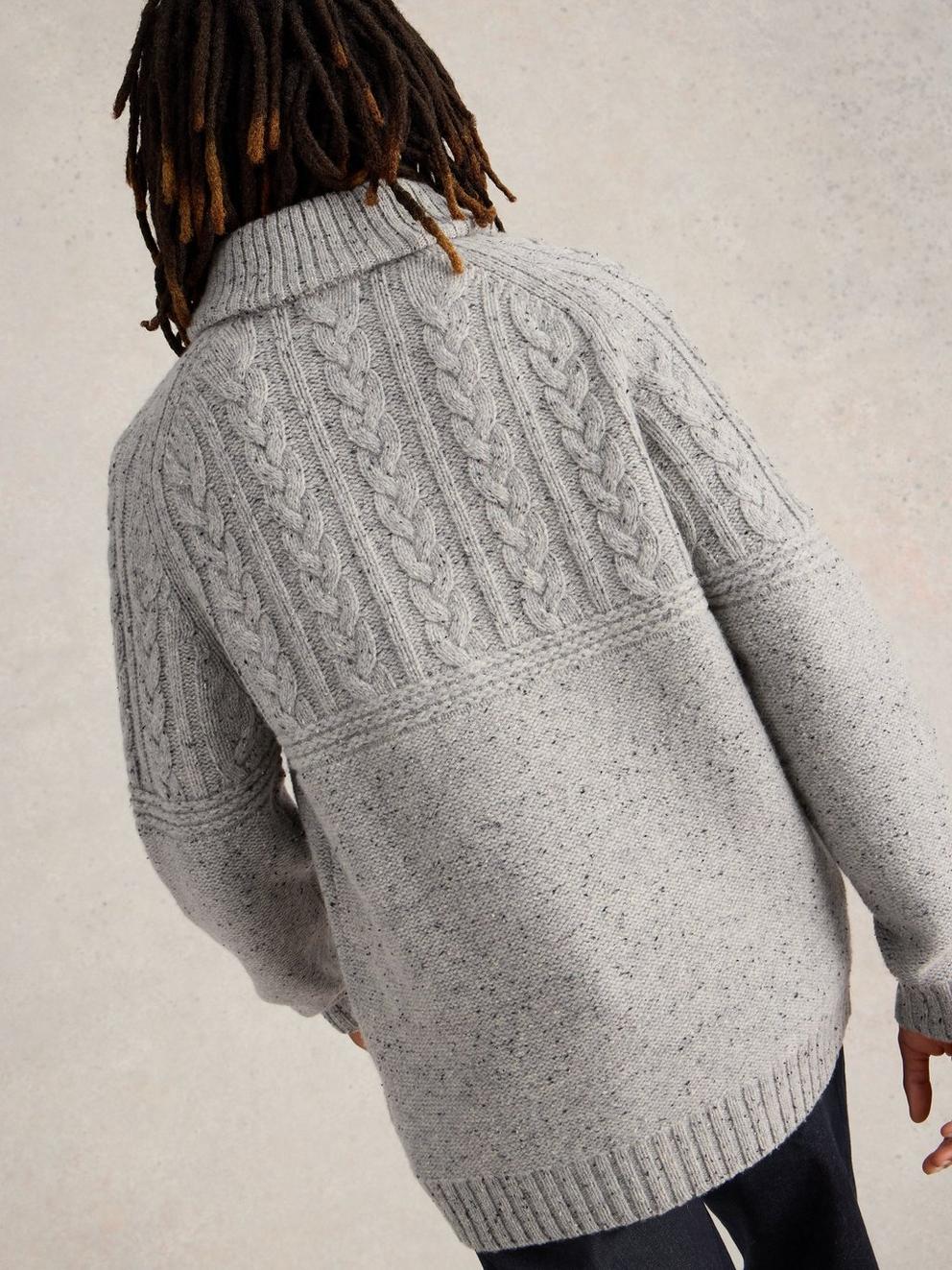 Berkley Shawl Wool Neck Jumper in LGT GREY - MODEL BACK