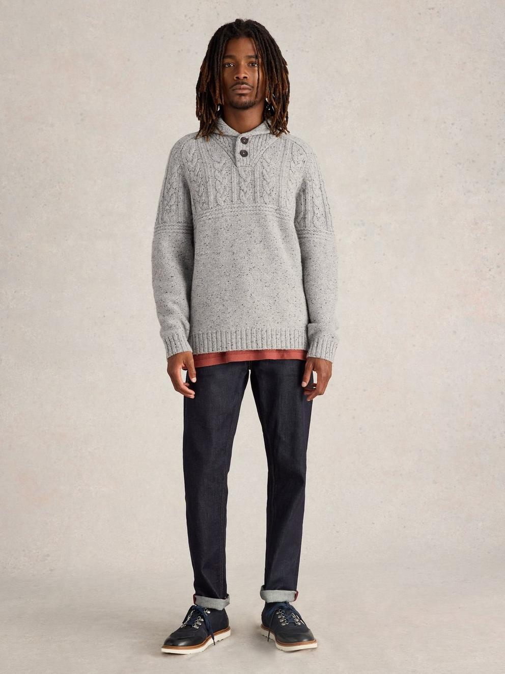 Berkley Shawl Wool Neck Jumper in LGT GREY - MODEL FRONT