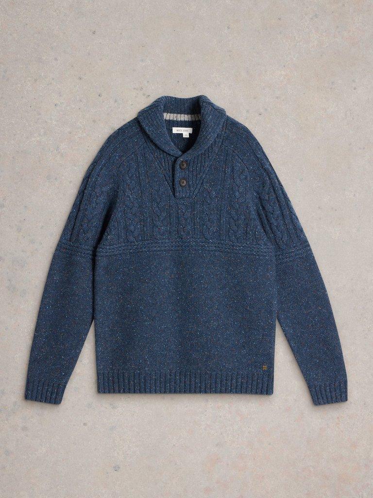 Berkley Shawl Wool Neck Jumper in NAVY MULTI - FLAT FRONT