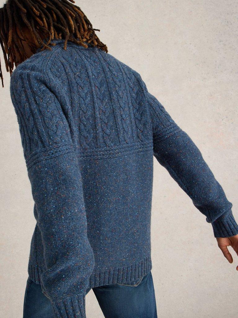 Berkley Shawl Wool Neck Jumper in NAVY MULTI - MODEL BACK