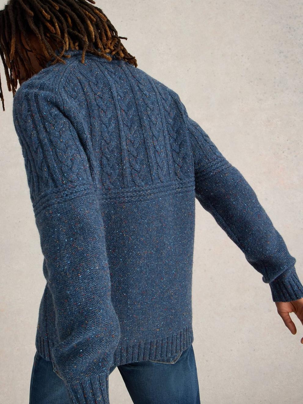 Berkley Shawl Wool Neck Jumper in NAVY MULTI - MODEL BACK