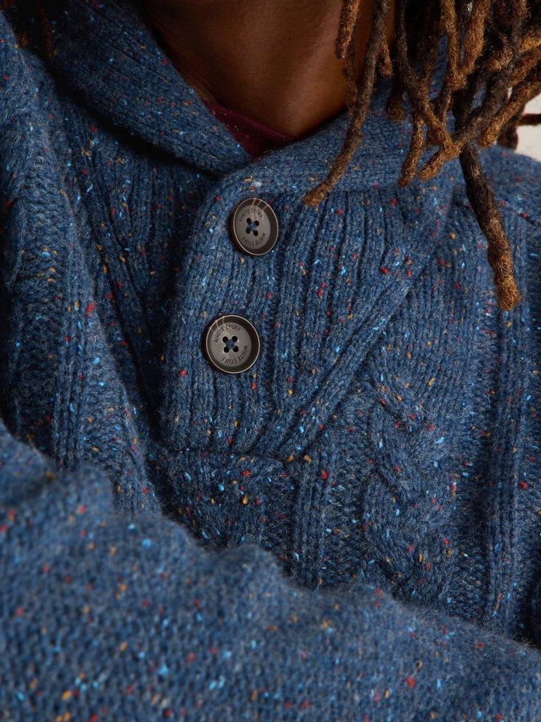 Berkley Shawl Wool Neck Jumper in NAVY MULTI - MODEL DETAIL