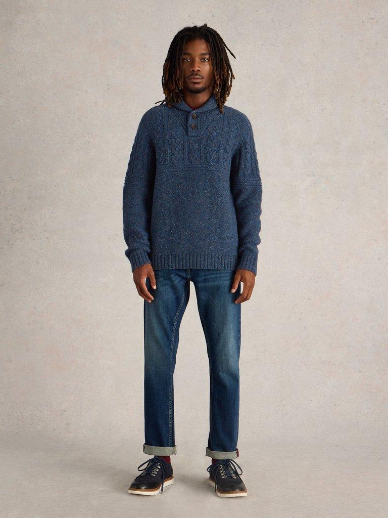 Berkley Shawl Wool Neck Jumper in NAVY MULTI - MODEL FRONT