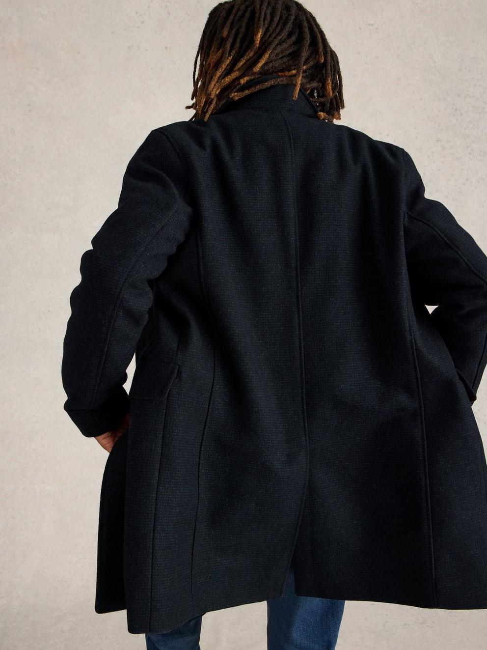 Wool Funnel Neck Coat in DARK NAVY - MODEL BACK