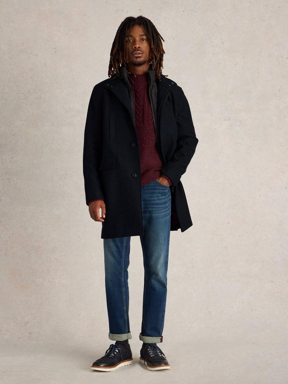 Wool Funnel Neck Coat in DARK NAVY - MODEL FRONT