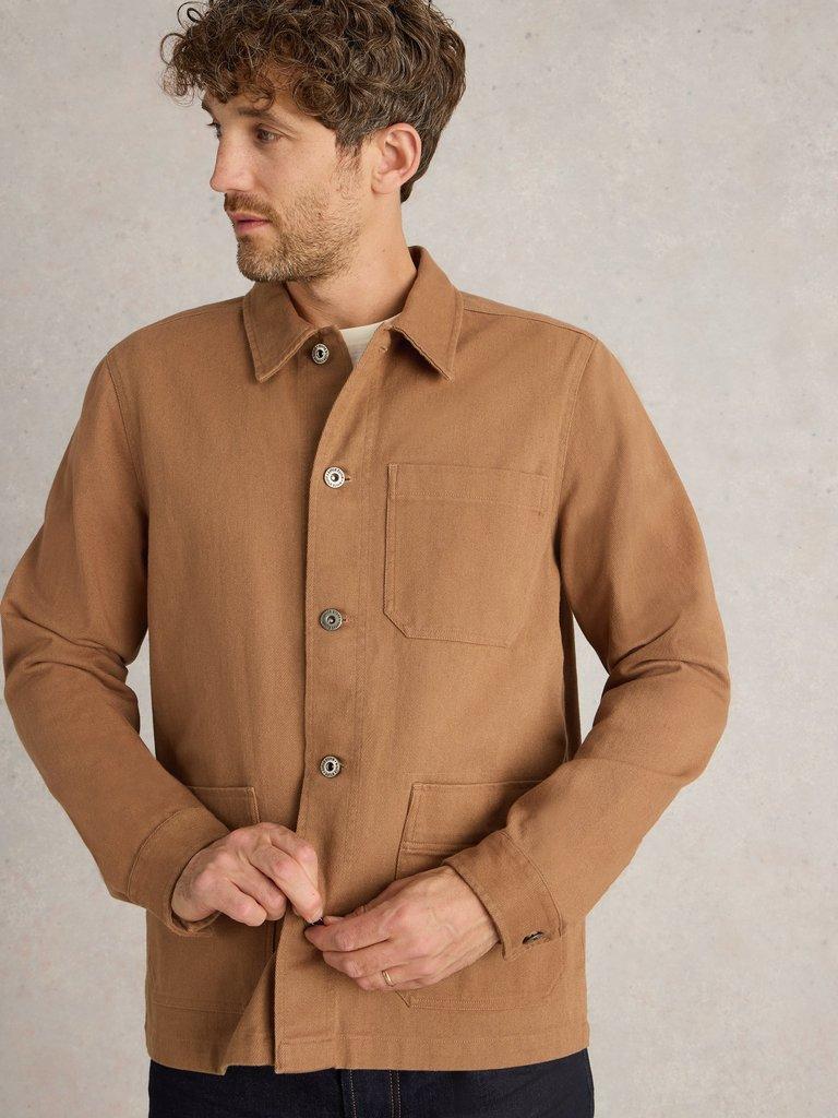 Kynman Workwear Cotton Jacket in DARK TAN - MODEL DETAIL