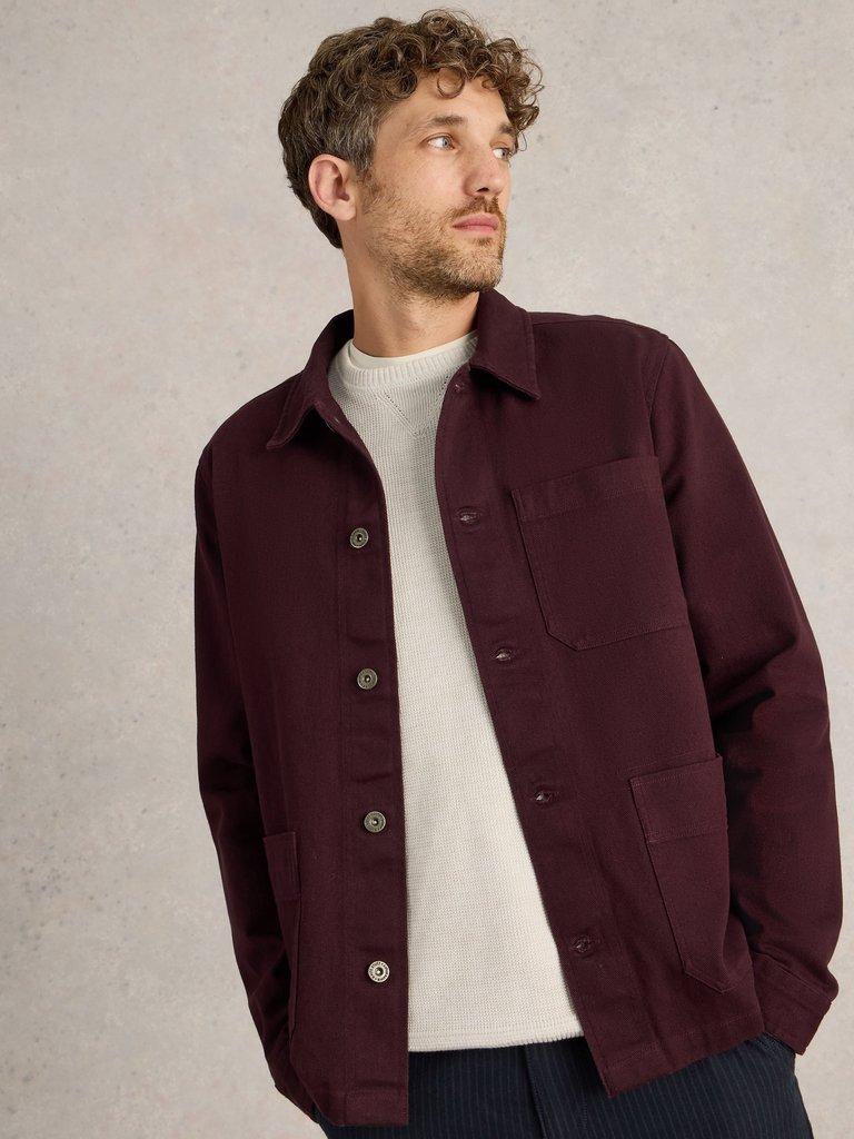 Kynman Workwear Cotton Jacket in DK PLUM - MODEL DETAIL