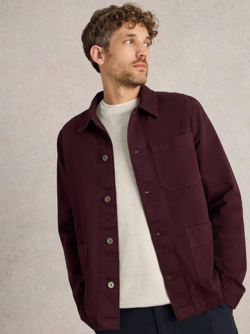 Kynman Workwear Cotton Jacket in DK PLUM - MODEL DETAIL