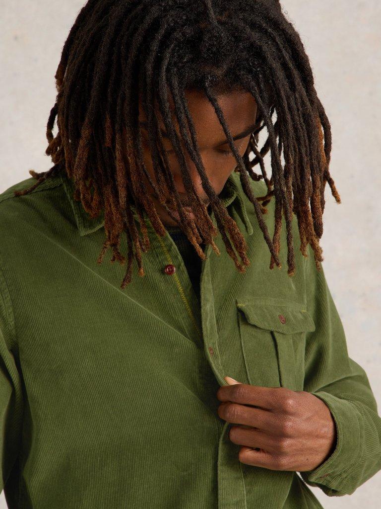 Griffin Cord Shirt in MID GREEN - MODEL DETAIL