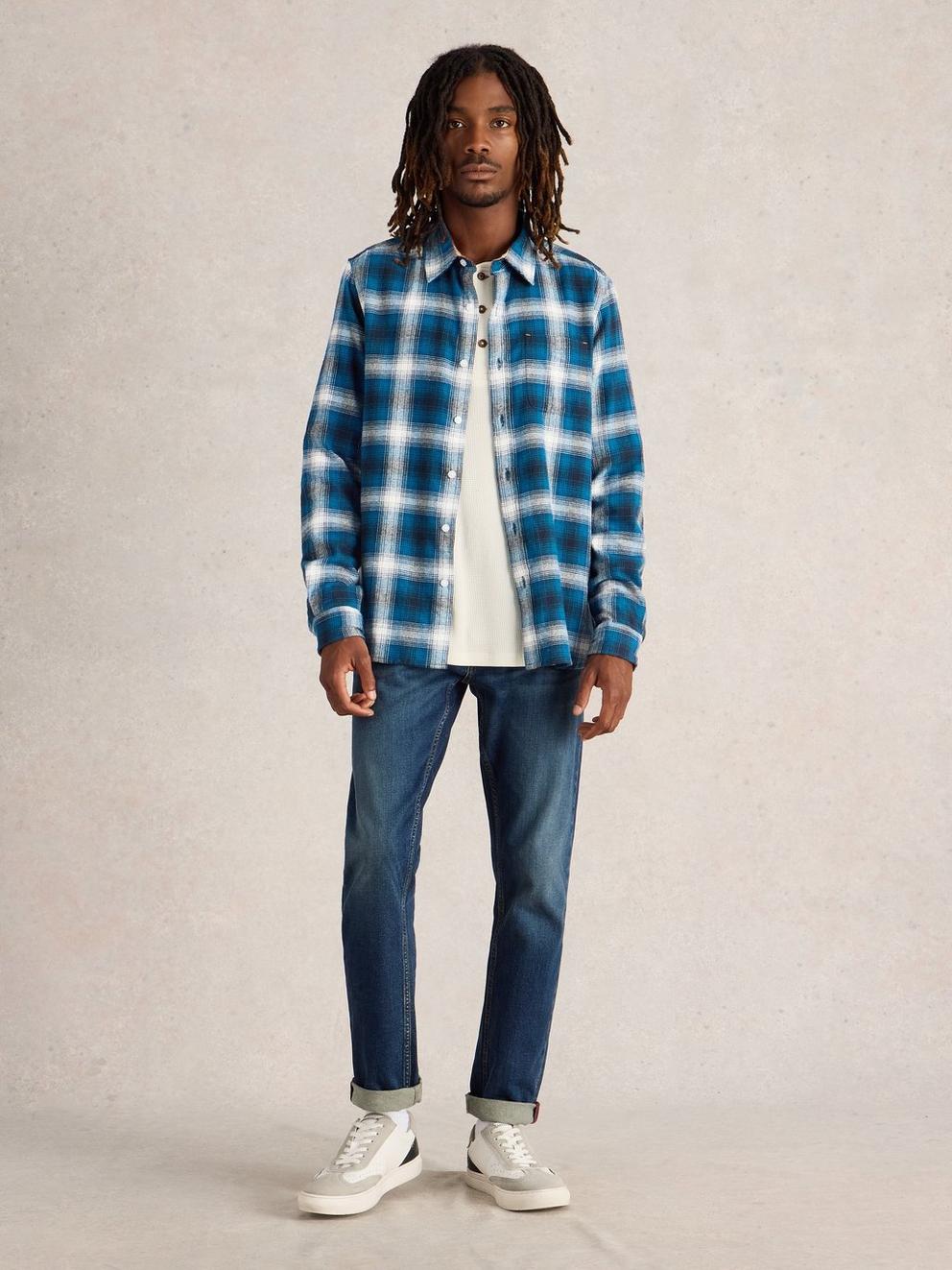 Moxley Flannel Checked Shirt in BLUE MLT - MODEL FRONT