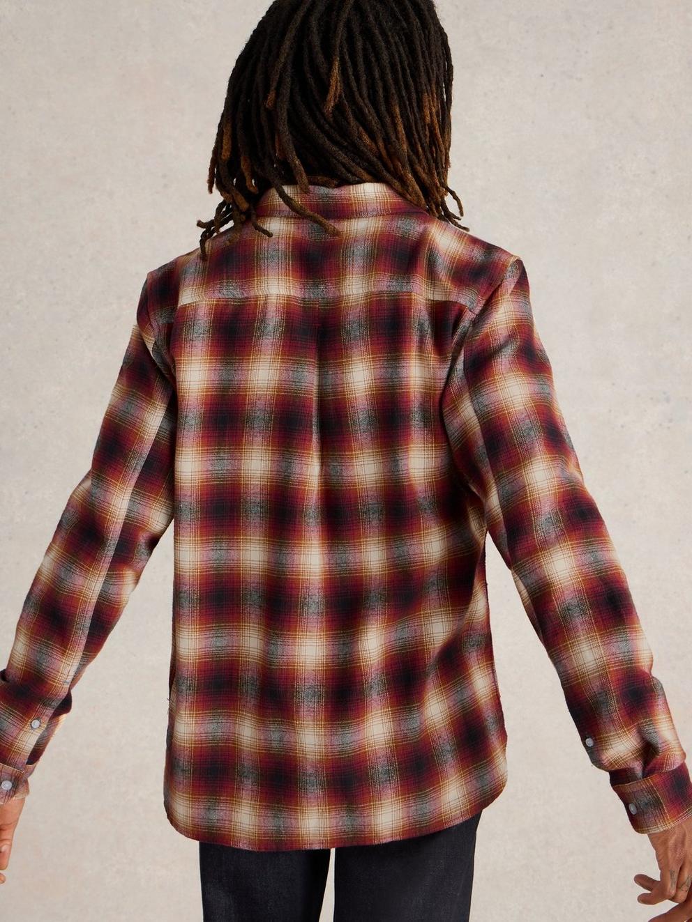 Moxley Flannel Checked Shirt in RED MLT - MODEL BACK