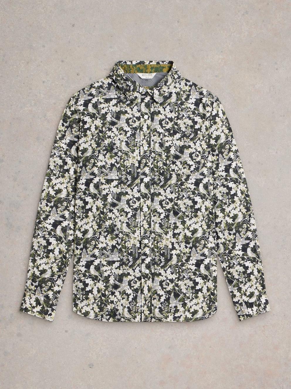 Hawthorn Bird Printed Shirt in BLK MLT - FLAT FRONT