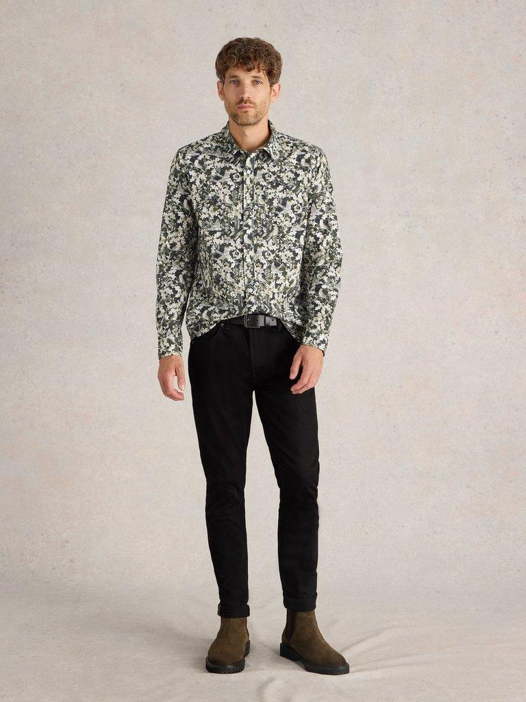 Hawthorn Bird Printed Shirt in BLK MLT - MODEL FRONT