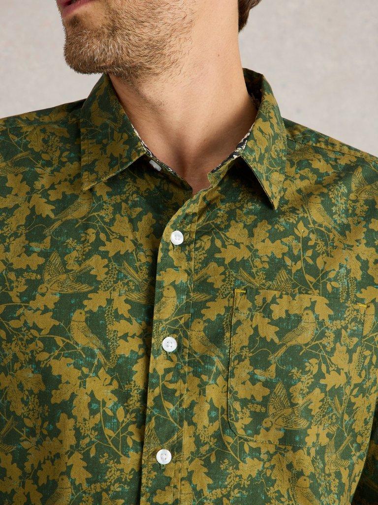 Hawthorn Bird Printed Shirt in GREEN MLT - MODEL DETAIL