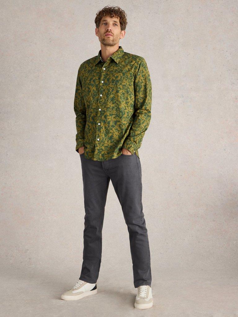 Hawthorn Bird Printed Shirt in GREEN MLT - MODEL FRONT