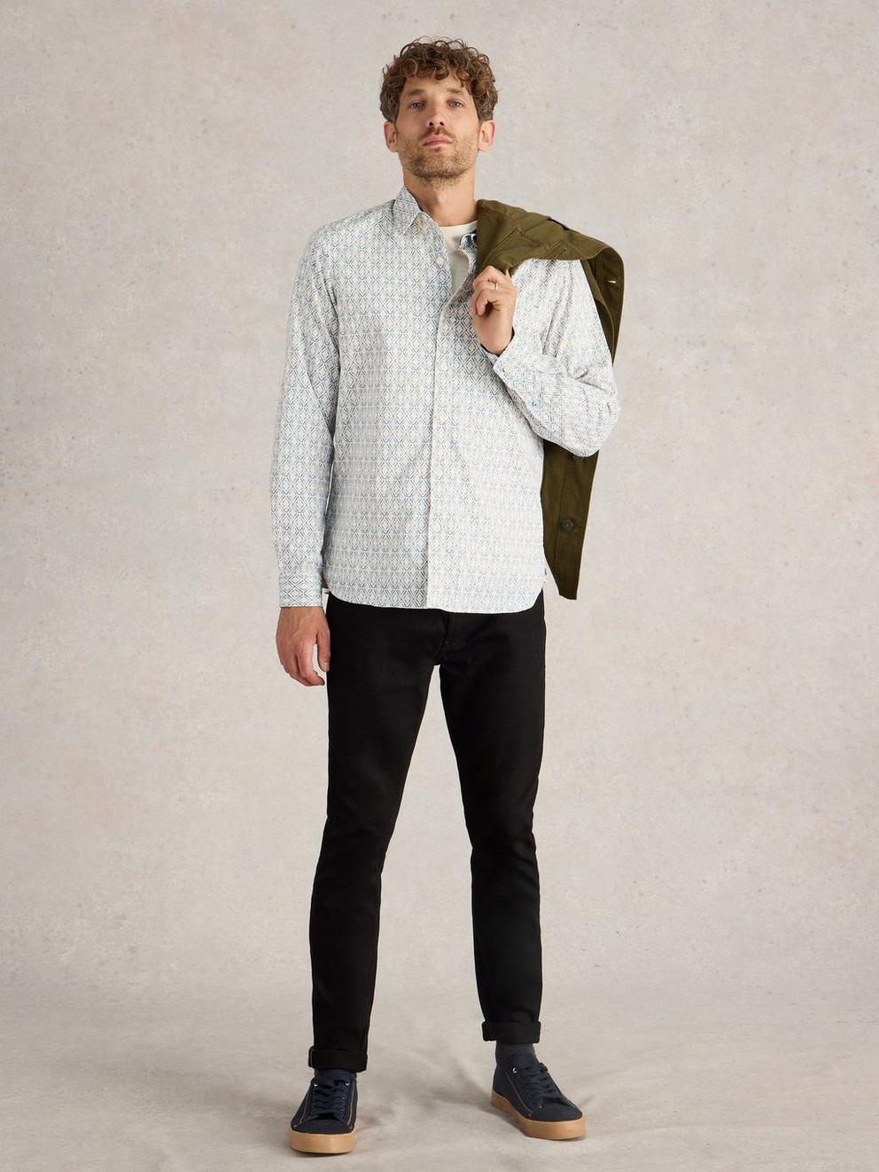 Diamond Squiggle Printed Shirt in WHITE MLT - MODEL FRONT