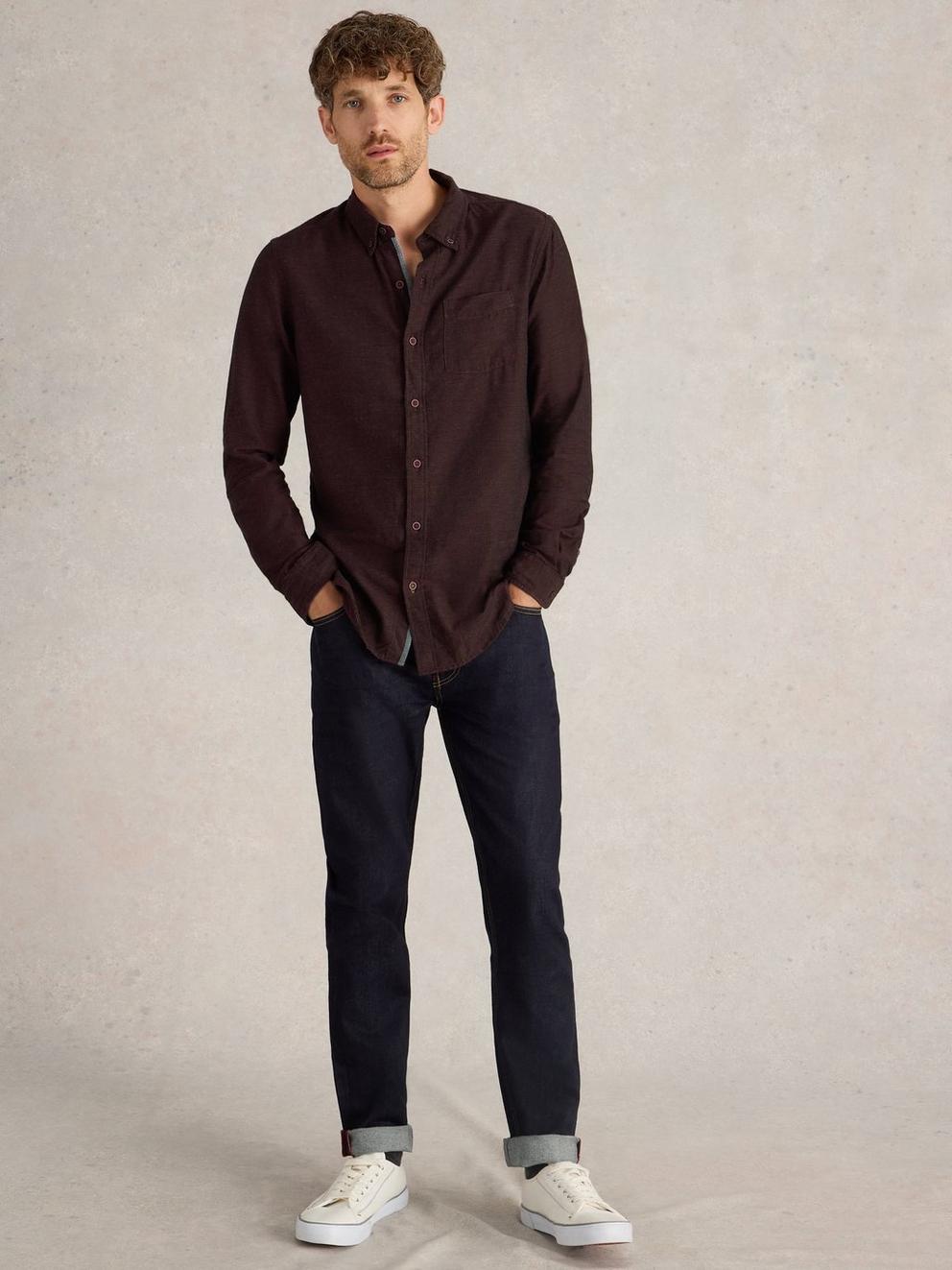 Textured Slub LS Shirt in DK PLUM - MODEL FRONT