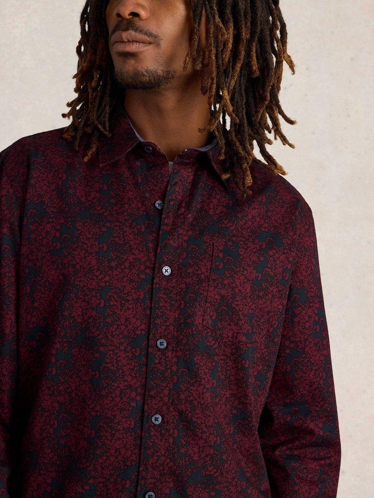 Floral Wreath Printed Shirt in PLUM PR - MODEL DETAIL