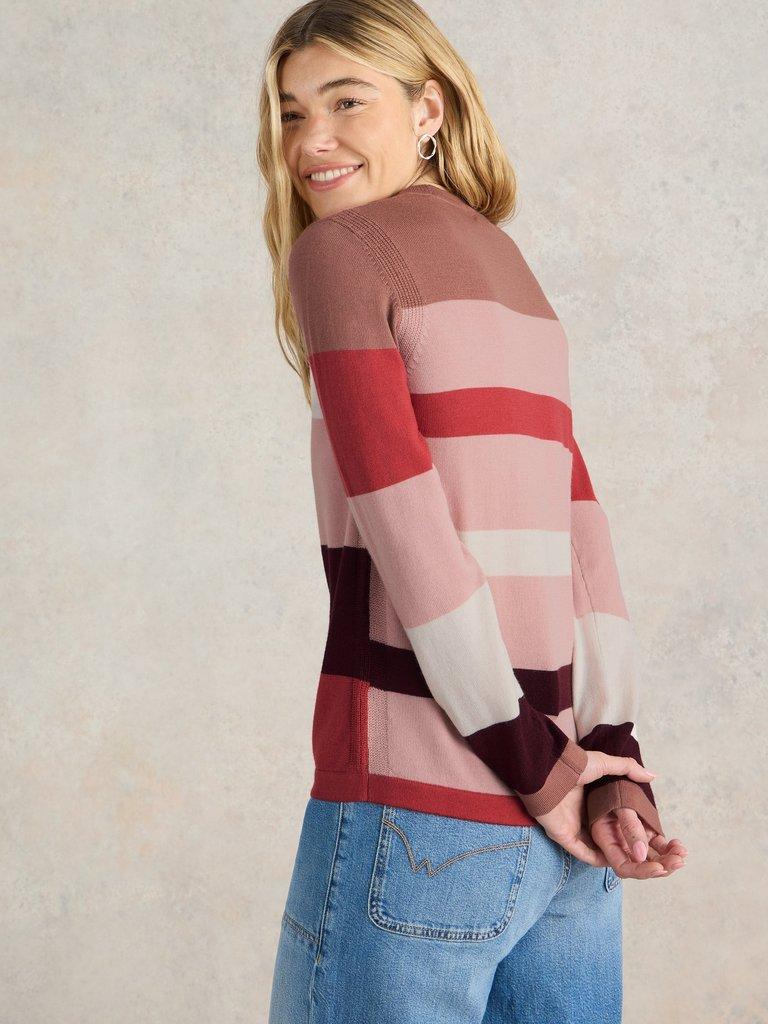 COLOUR BLOCK MERINO WOOL JUMPER in PLUM MLT - MODEL BACK