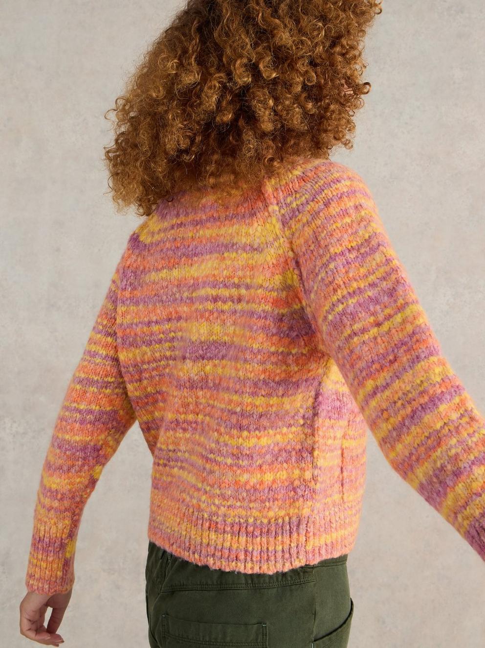 CINDY SPACE DYE CARDI in ORANGE MLT - MODEL BACK