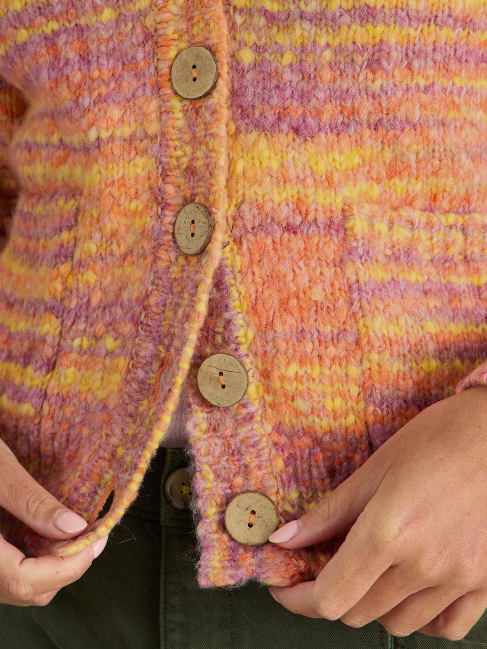 CINDY SPACE DYE CARDI in ORANGE MLT - MODEL DETAIL