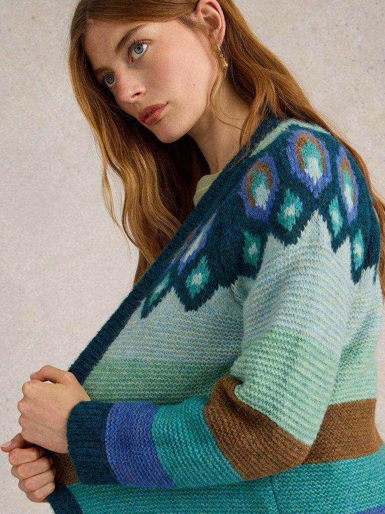 NEW YORK FAIRISLE CARDI in TEAL MLT - MODEL DETAIL