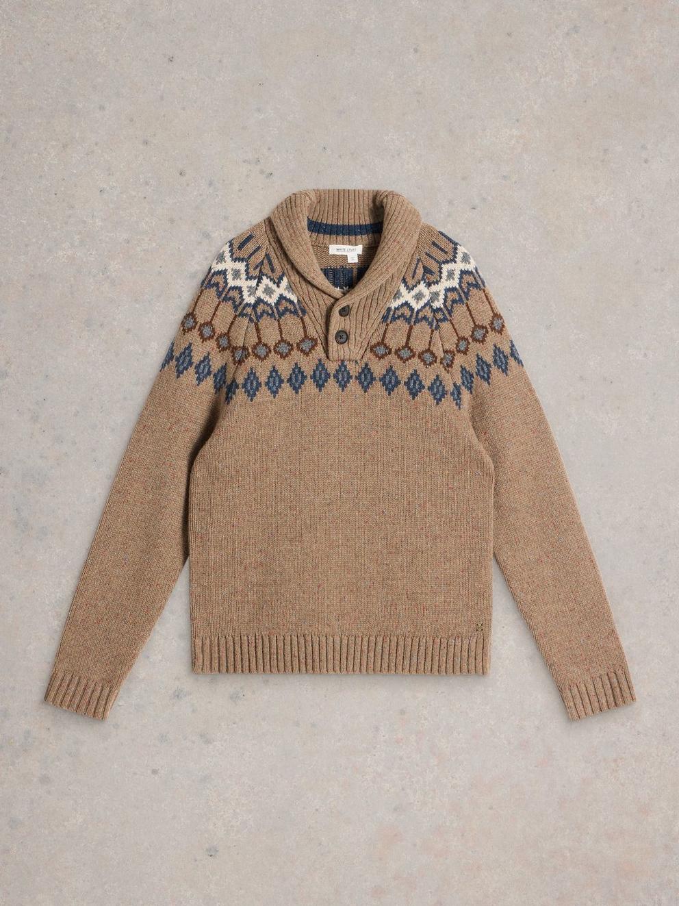 Berkley Wool Fairisle Shawl Neck in NAT MLT - FLAT FRONT