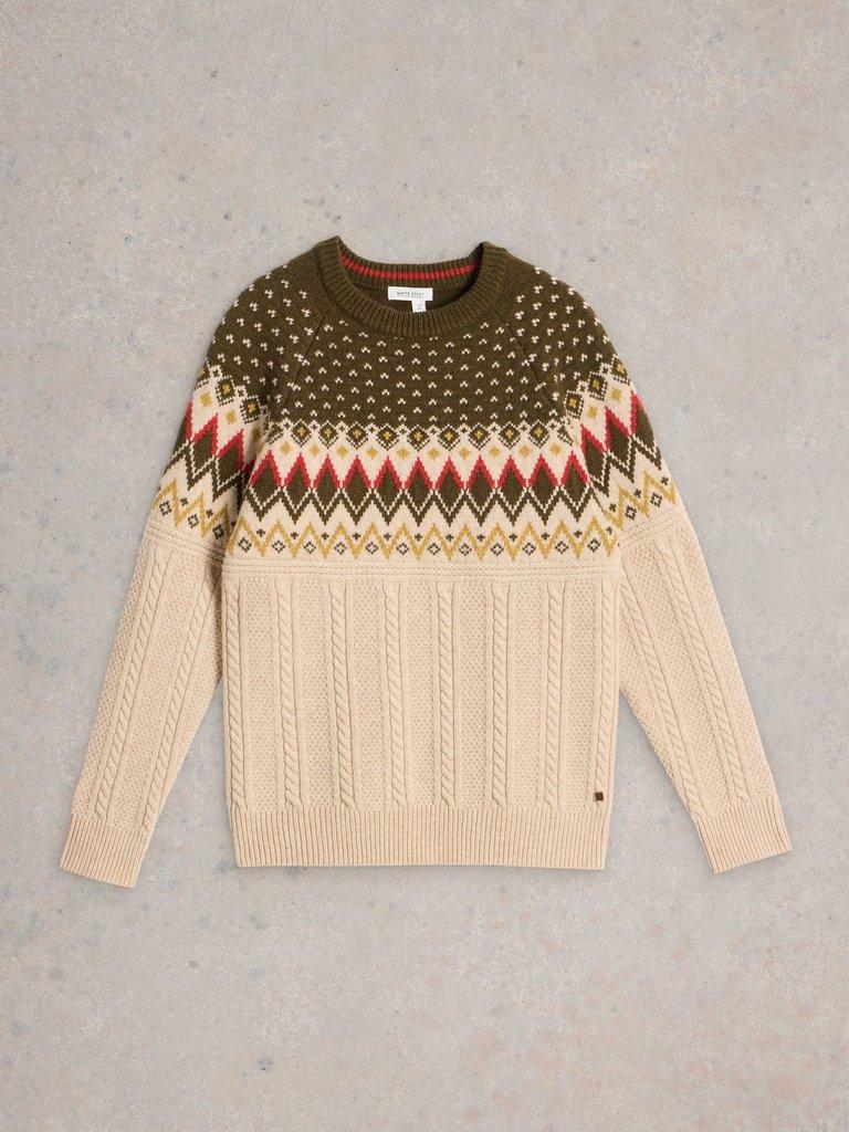 Cable Wool Fairisle Crew Neck in NAT MLT - FLAT FRONT