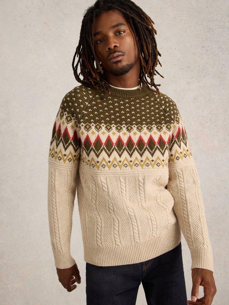 Cable Wool Fairisle Crew Neck in NAT MLT - MODEL DETAIL