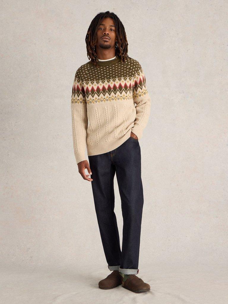 Cable Wool Fairisle Crew Neck in NAT MLT - MODEL FRONT