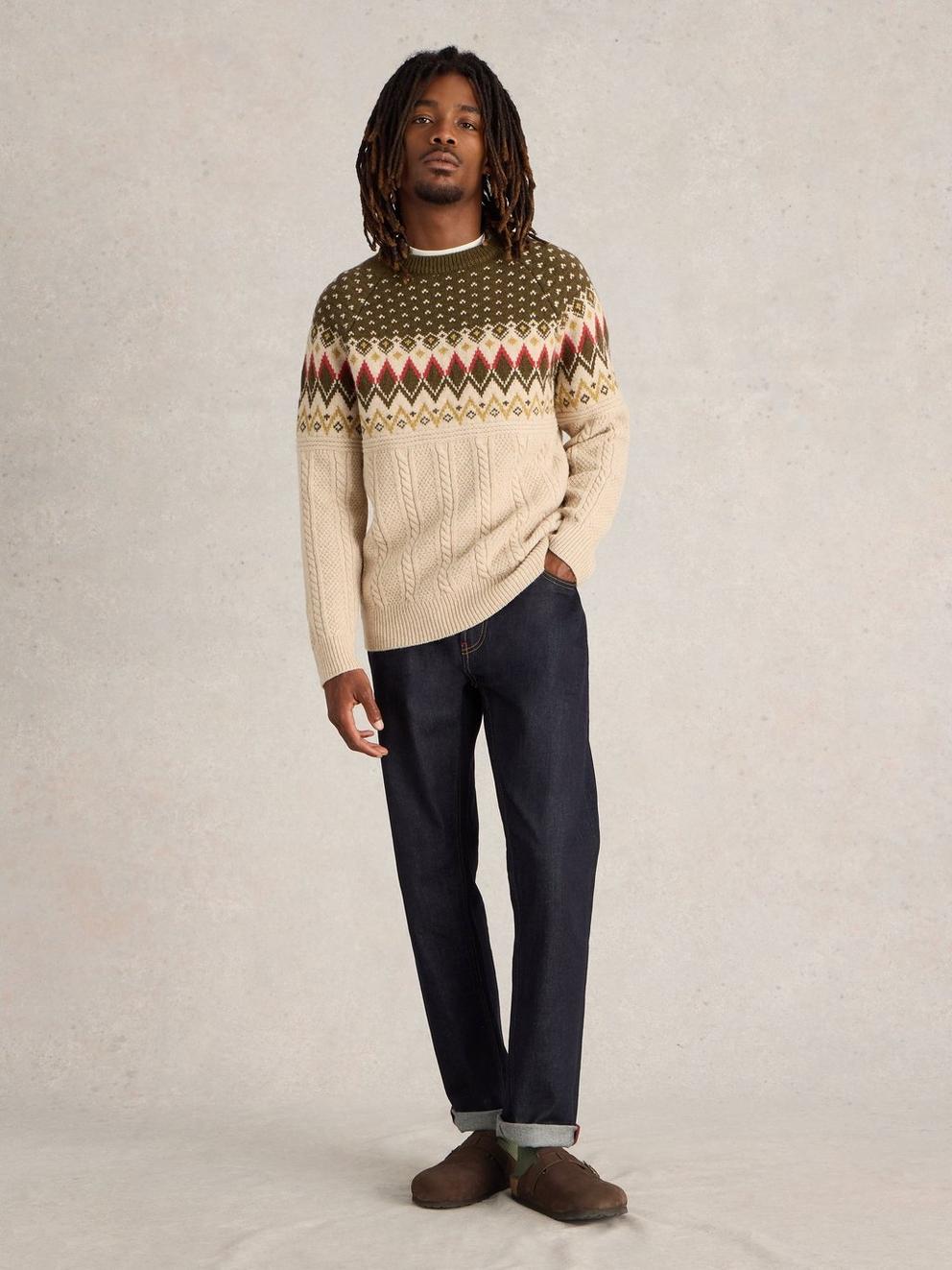 Cable Wool Fairisle Crew Neck in NAT MLT - MODEL FRONT