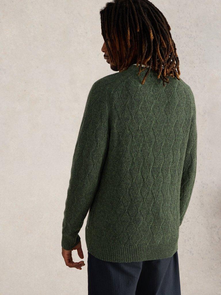 Diamond Wool Crew Neck in DK GREEN - MODEL BACK