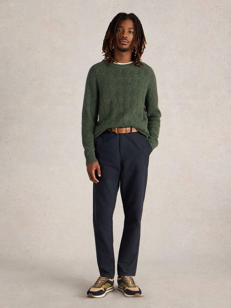 Diamond Wool Crew Neck in DK GREEN - MODEL FRONT