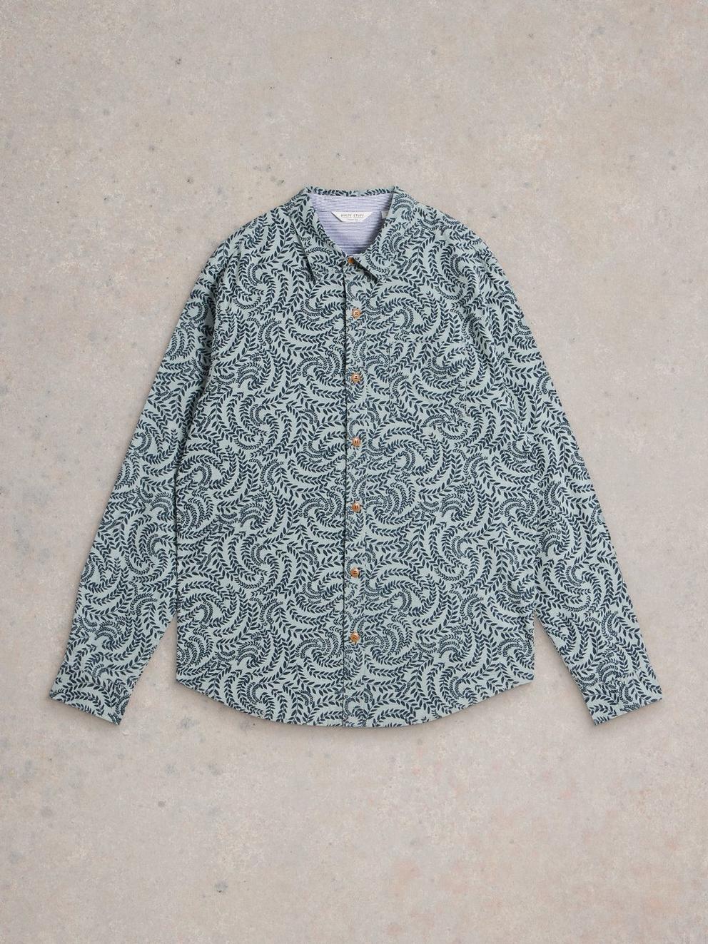 Leaf Printed Cotton Shirt in BLUE MLT - FLAT FRONT