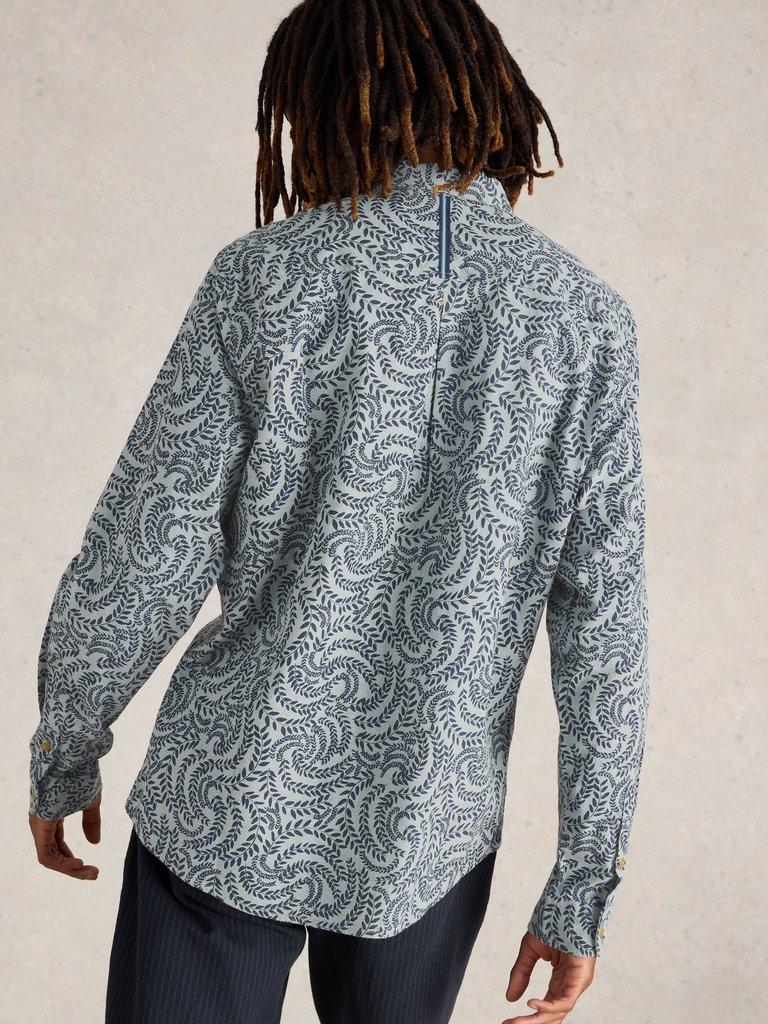 Leaf Printed Cotton Shirt in BLUE MLT - MODEL BACK