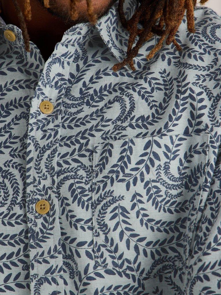 Leaf Printed Cotton Shirt in BLUE MLT - MODEL DETAIL