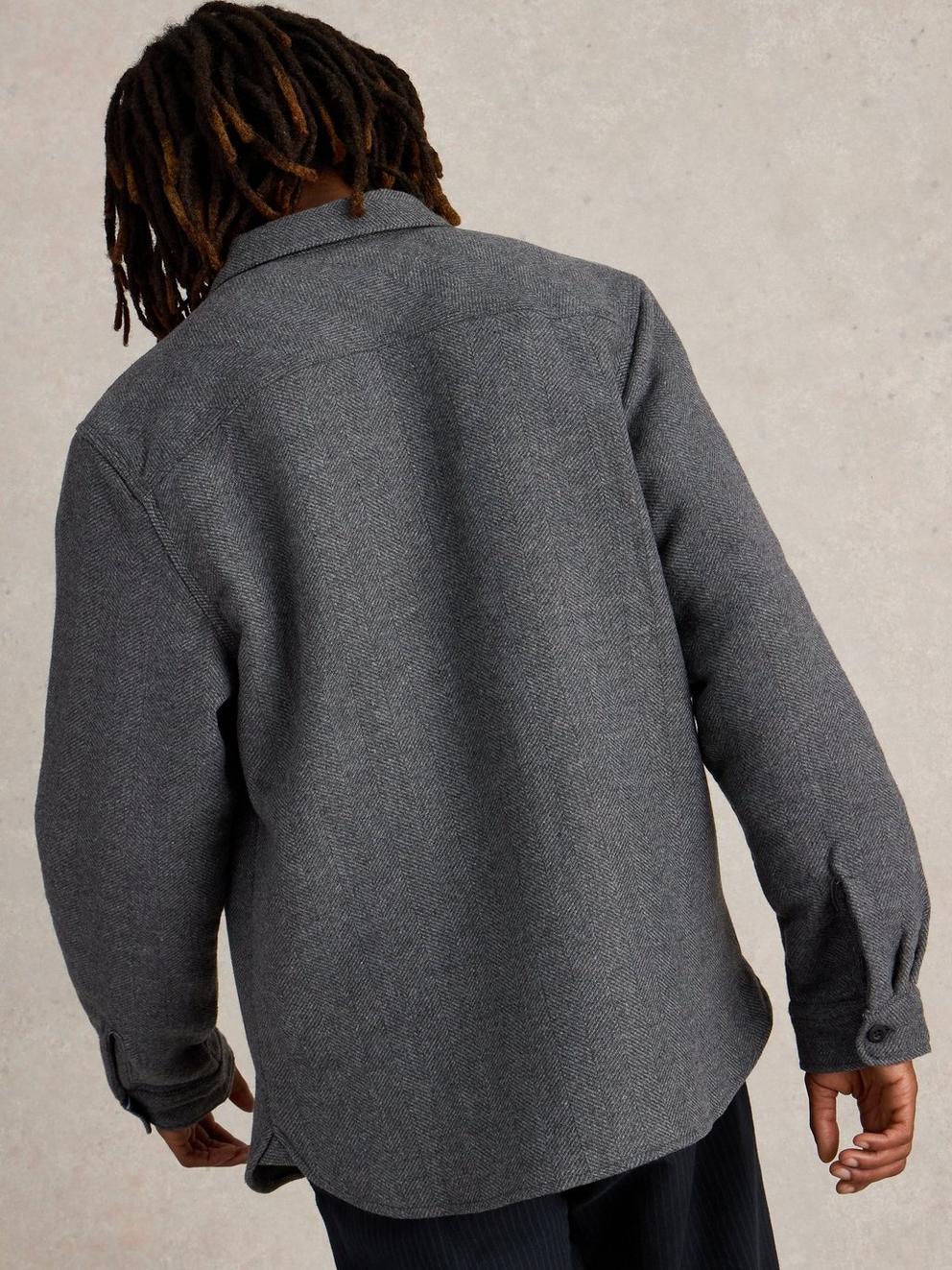 Darwen Herringbone Overshirt in GREY MLT - MODEL BACK