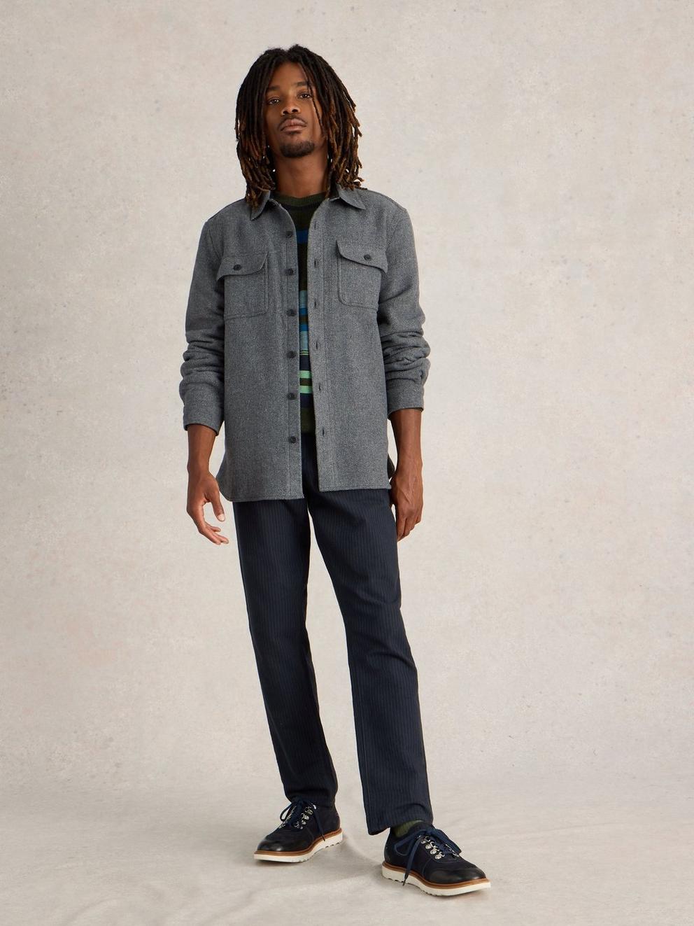 Darwen Herringbone Overshirt in GREY MLT - MODEL FRONT