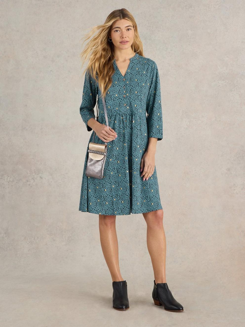 Nia Jersey Dress in TEAL PR - MODEL FRONT