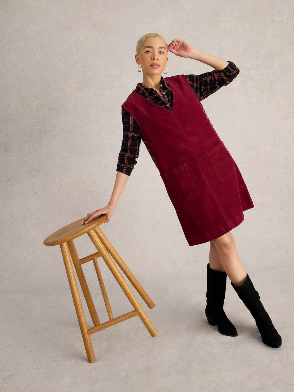 Maple Cord Pinafore in DK RED - LIFESTYLE