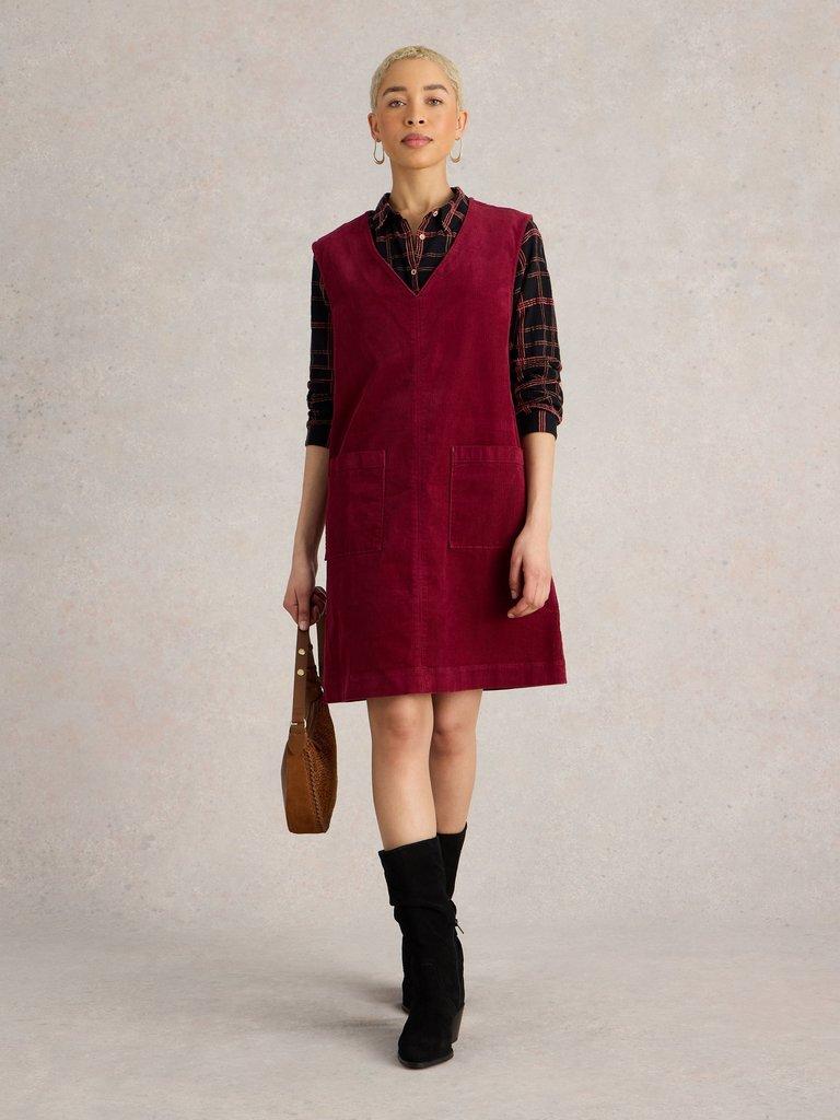 Maple Cord Pinafore in DK RED - MODEL FRONT