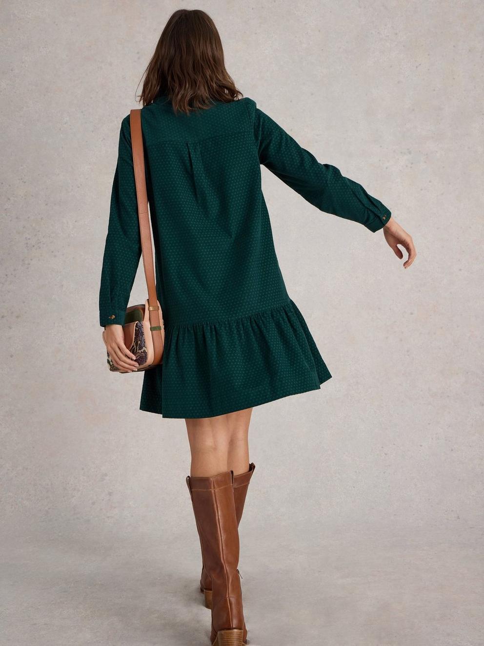 Daria Cord Dress in DK GREEN - MODEL BACK