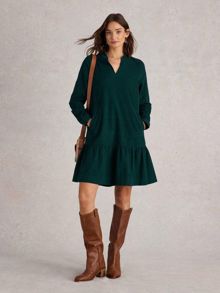 Daria Cord Dress in DK GREEN - MODEL FRONT