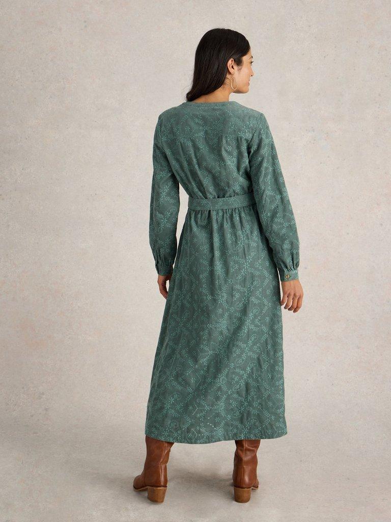 Florence Cord Dress in DUS GREEN - MODEL BACK