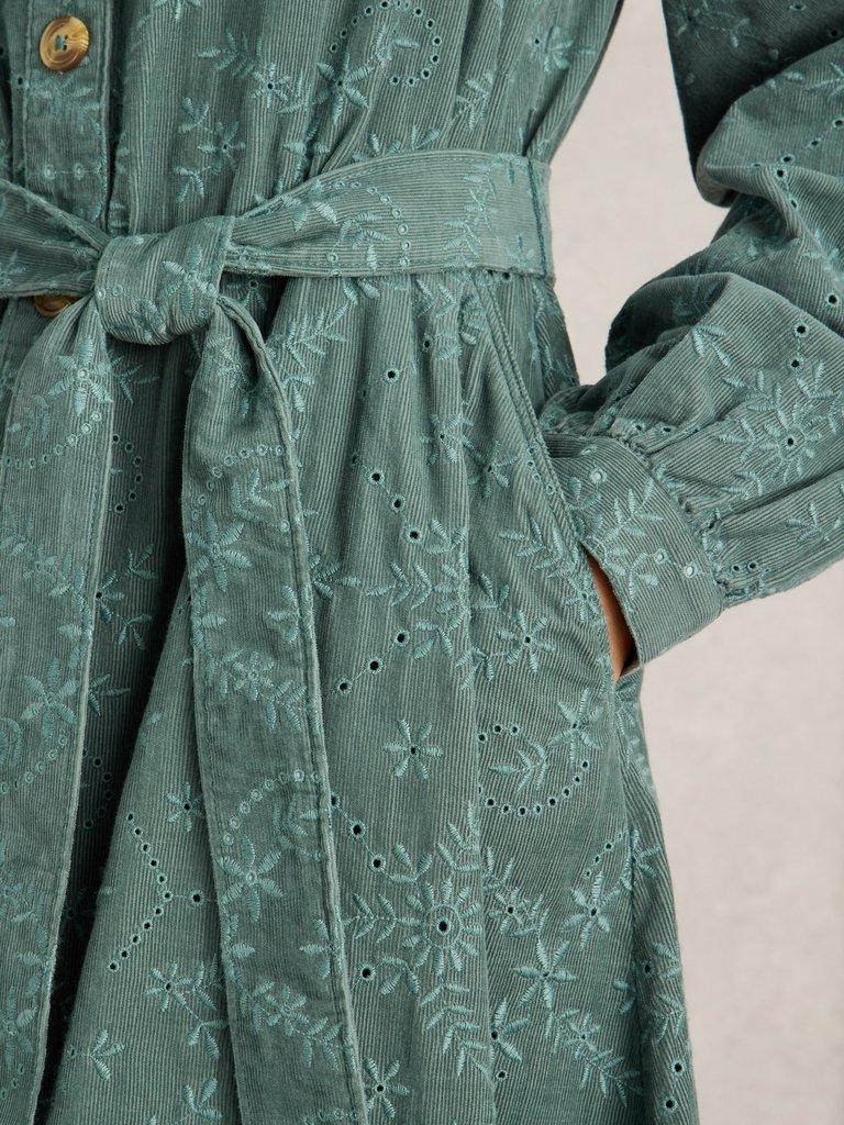 Florence Cord Dress in DUS GREEN - MODEL DETAIL