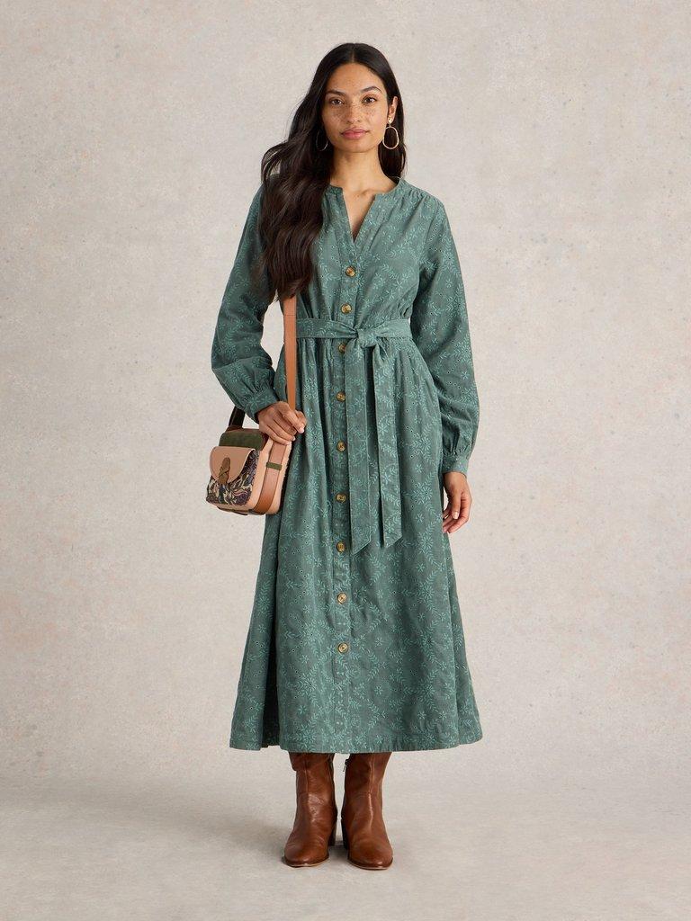 Florence Cord Dress in DUS GREEN - MODEL FRONT